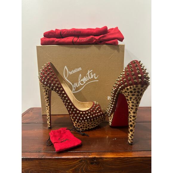 Christian Louboutin Lady Peep Spikes  - Moroccan Red/Bronze Pony Hair Size 38 - Picture 1 of 5